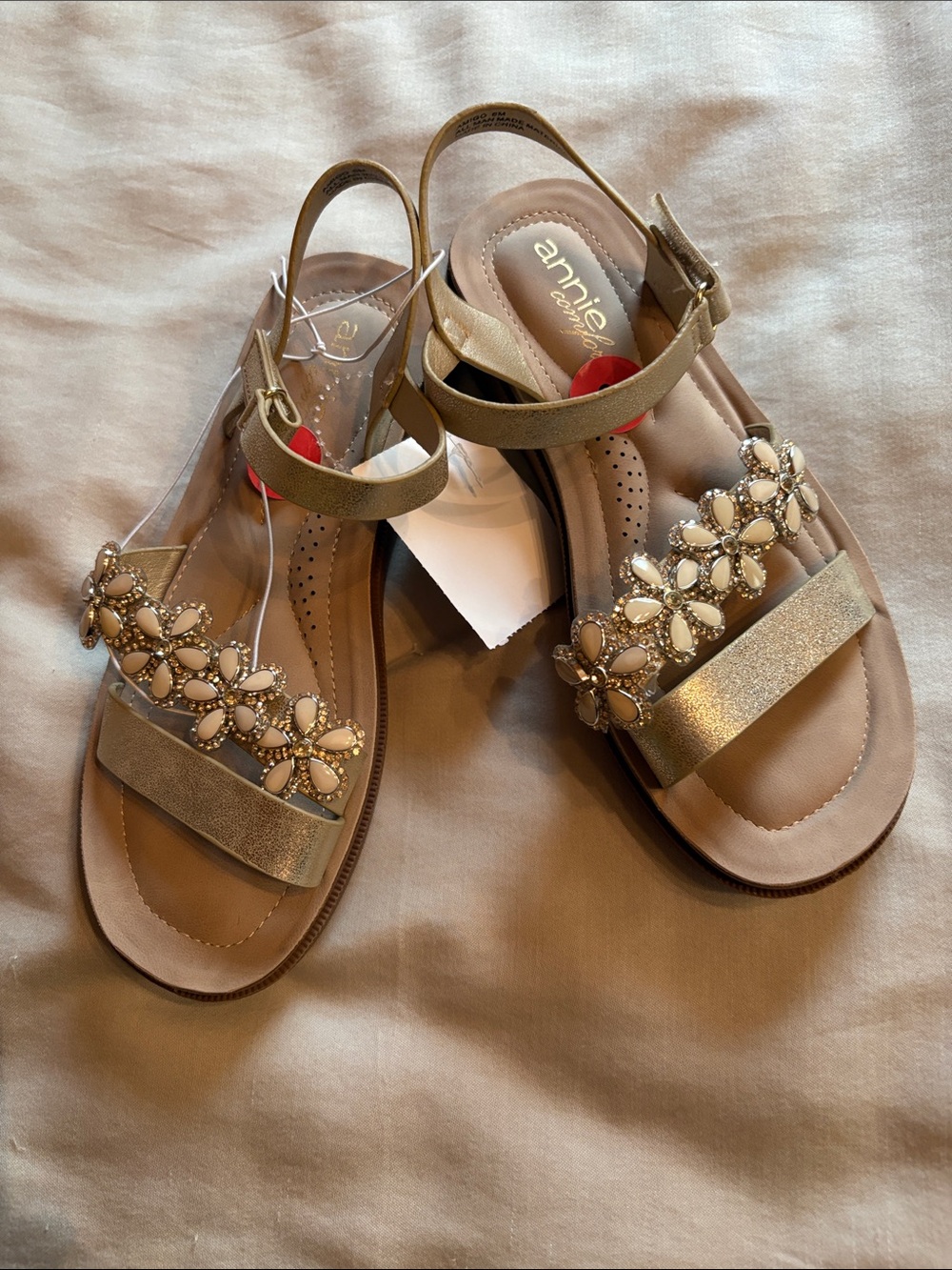 Annie Comfort Gold Jeweled Floral T-Strap Sandals - Size 6 NWT